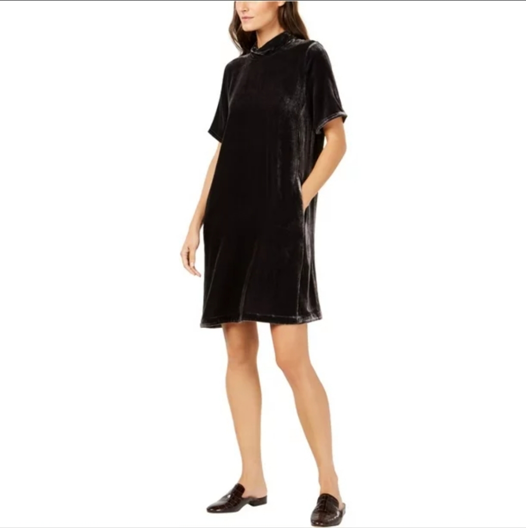 Eileen Fisher Tie Back Velvet Shift Dress | Slate Gray | Size Xxs